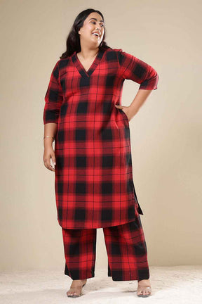 Plus Size Red & Black Check Cotton Flannel Kurta Coord Set