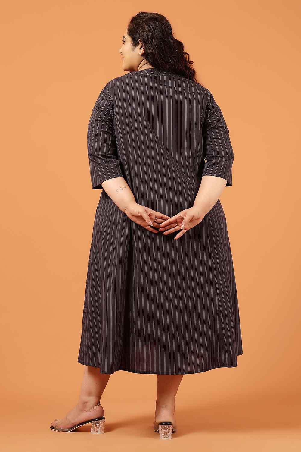 Plus Size Black Pinstripe Cotton Midi Dress