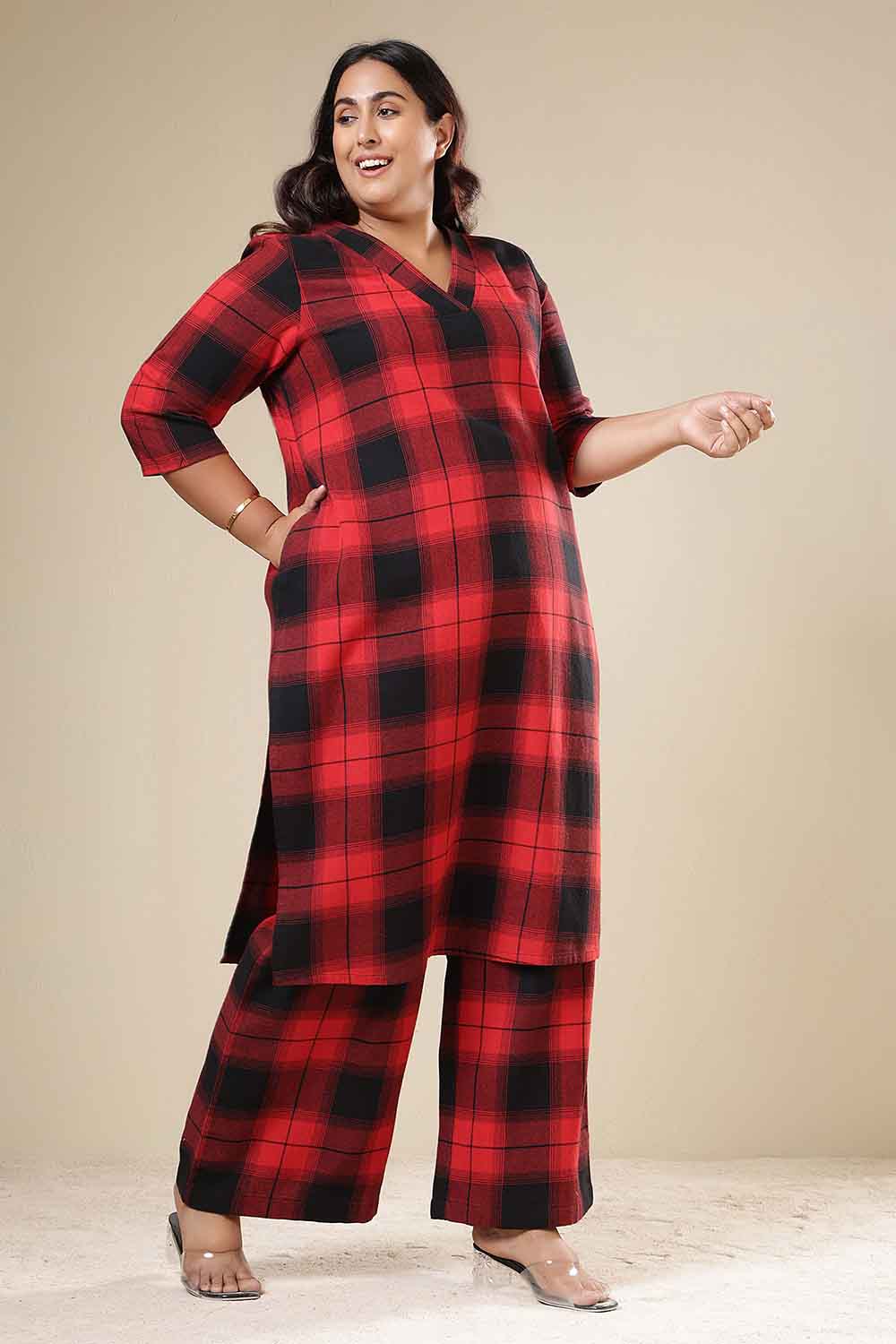 Plus Size Plus Size Red & Black Check Cotton Flannel Kurta Coord Set
