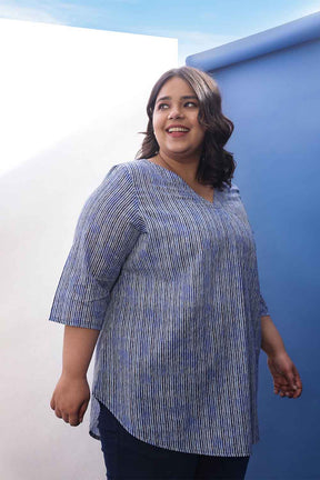 Plus Size Indigo Striped V Neck Cotton Top