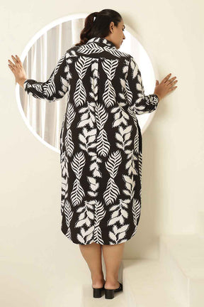Plus Size Black White Leaf Print Shirt Dress