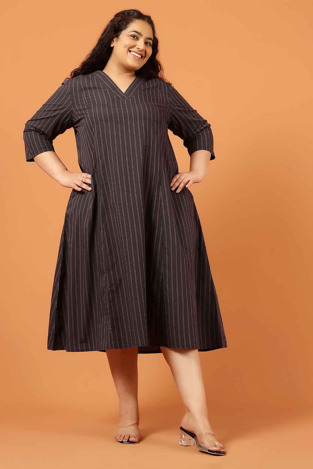 Plus Size Black Pinstripe Cotton Midi Dress