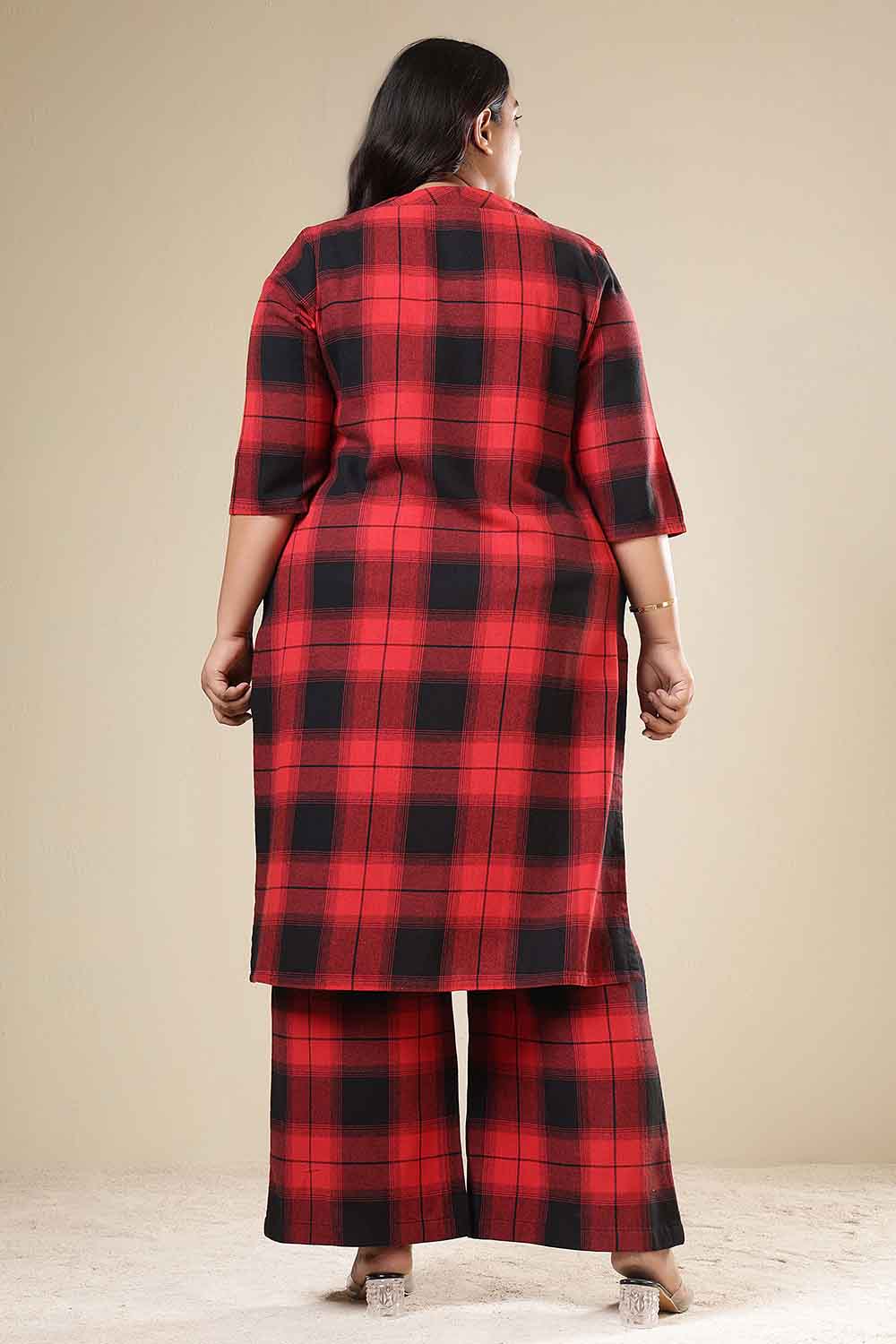 Comfortable Plus Size Red & Black Check Cotton Flannel Kurta Coord Set