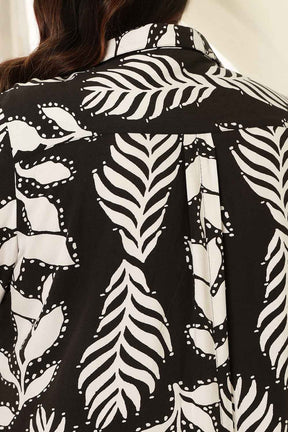 Plus Size Black White Leaf Print Shirt Dress