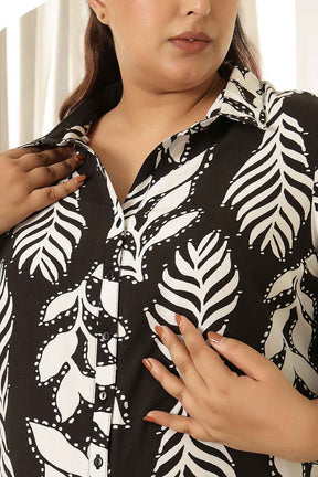 Plus Size Black White Leaf Print Shirt Dress