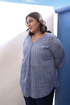 Plus Size Indigo Striped V Neck Cotton Top