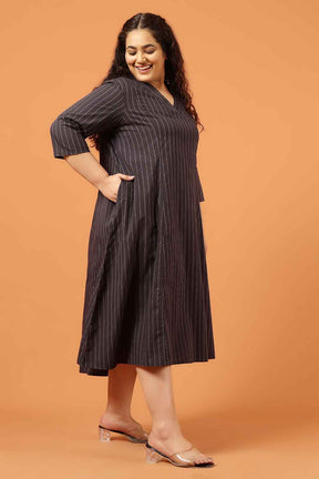 Plus Size Black Pinstripe Cotton Midi Dress