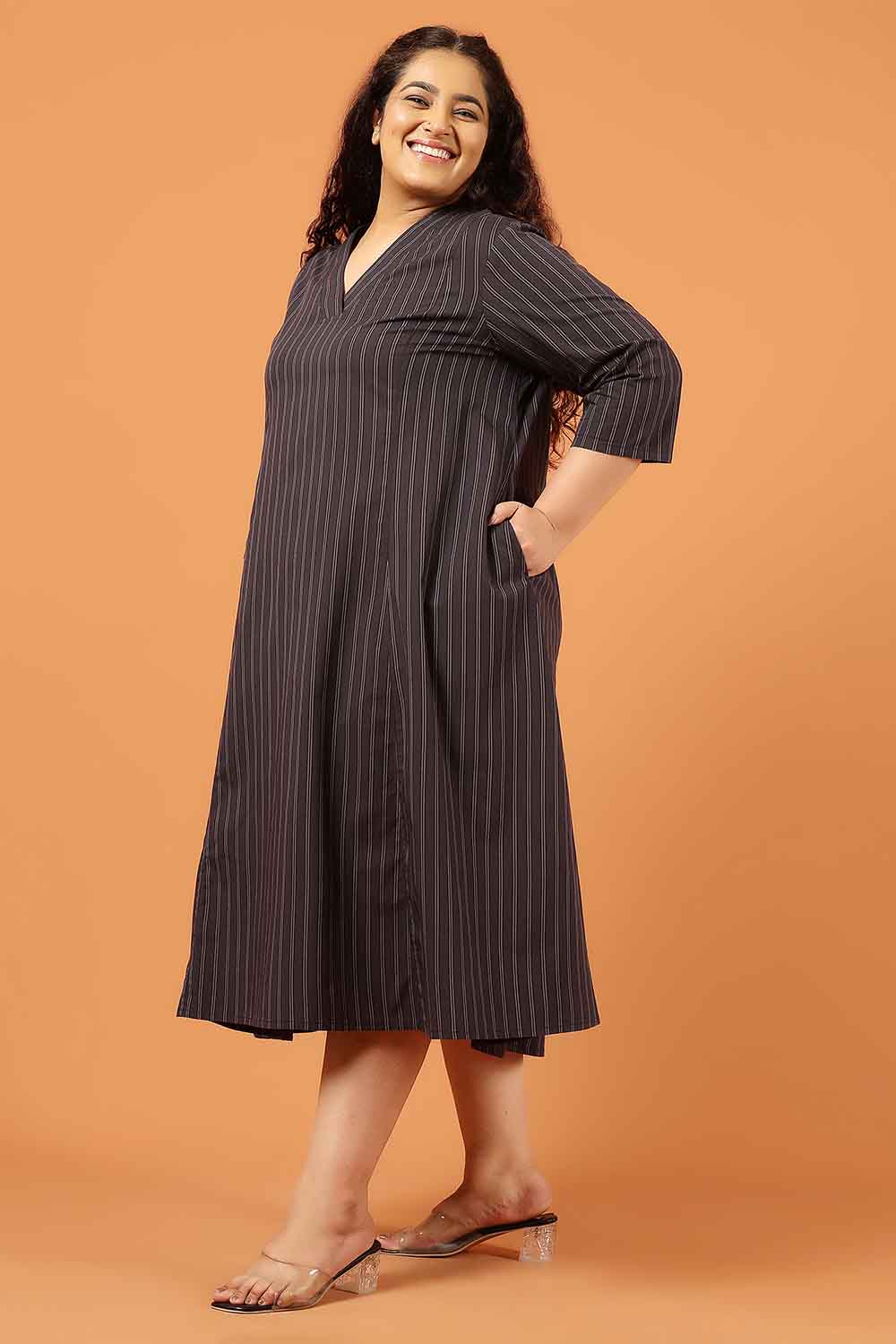Plus Size Black Pinstripe Cotton Midi Dress for Women