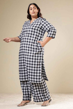 Plus Size Black & White Check Cotton Flannel Kurta Coord Set