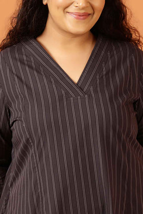 Plus Size Black Pinstripe Cotton Midi Dress