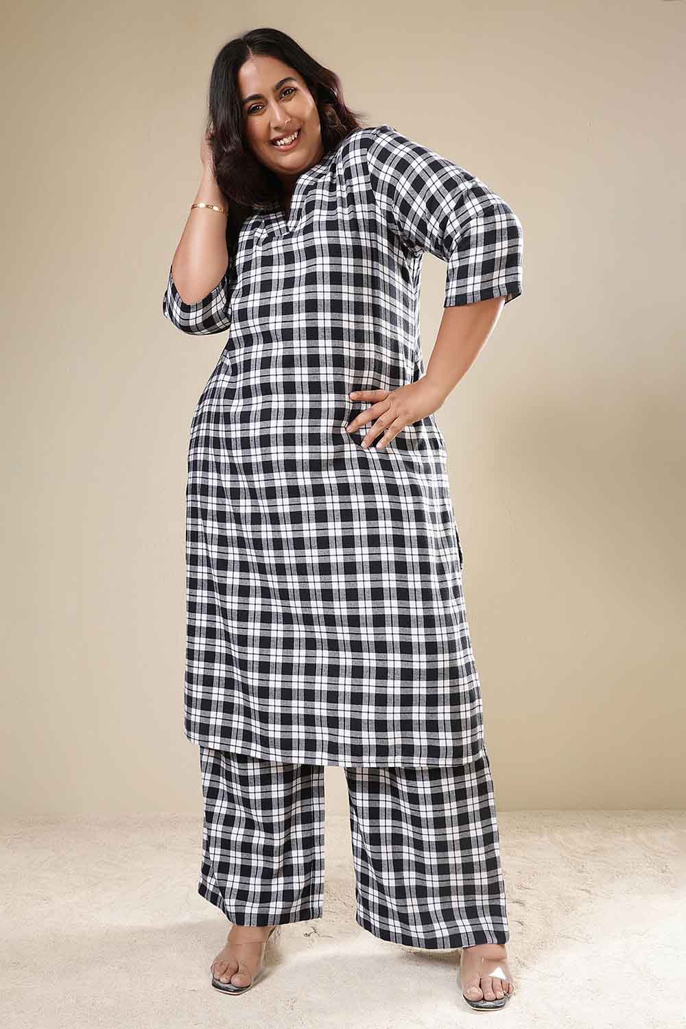 Plus Size Black & White Check Cotton Flannel Kurta Coord Set for Women