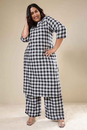 Plus Size Black & White Check Cotton Flannel Kurta Coord Set