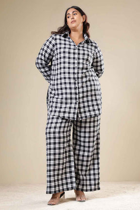Plus Size Black & White Check Cotton Flannel Shirt Coord Set