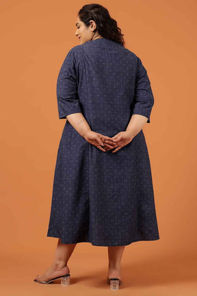 Plus Size Navy Blue Jacquard Print Denim Midi Dress