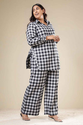 Plus Size Black & White Check Cotton Flannel Shirt Coord Set