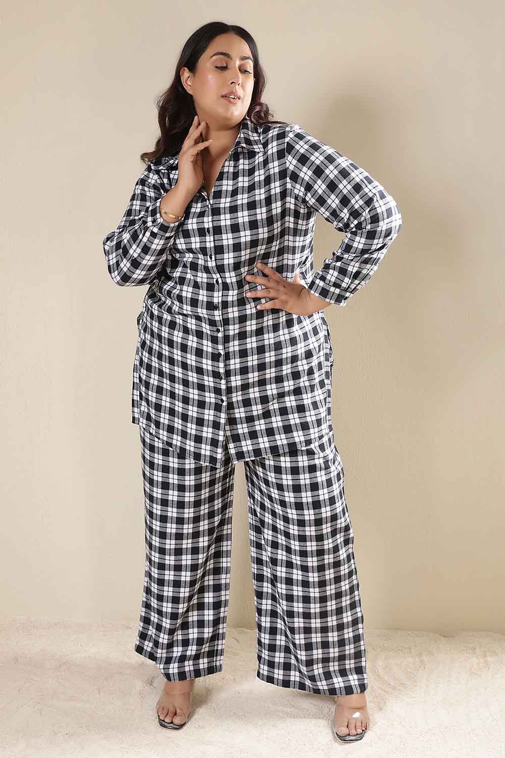 Plus Size Black & White Check Cotton Flannel Shirt Coord Set for Women