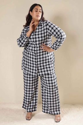 Plus Size Black & White Check Cotton Flannel Shirt Coord Set