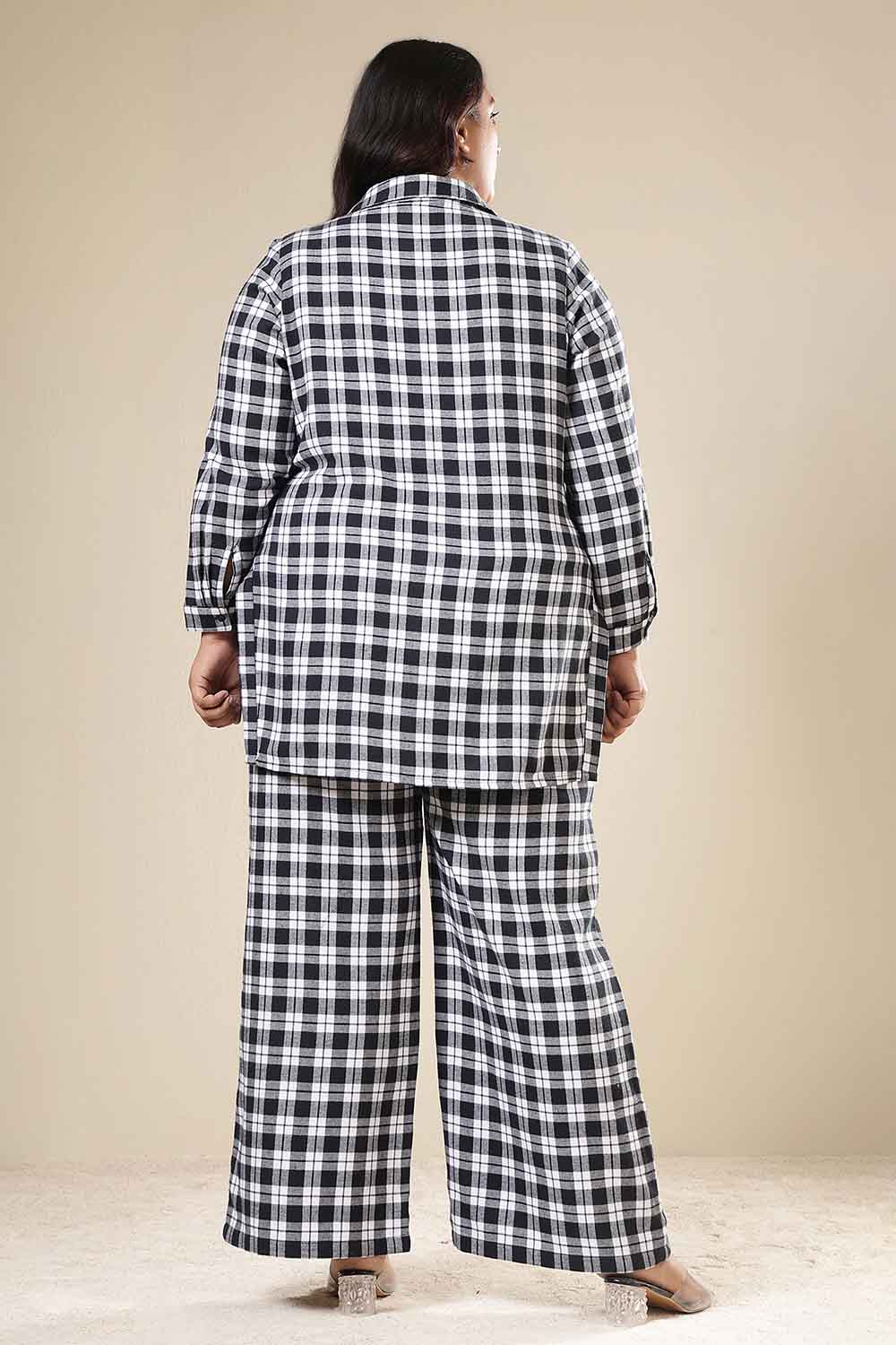 Comfortable Plus Size Black & White Check Cotton Flannel Shirt Coord Set