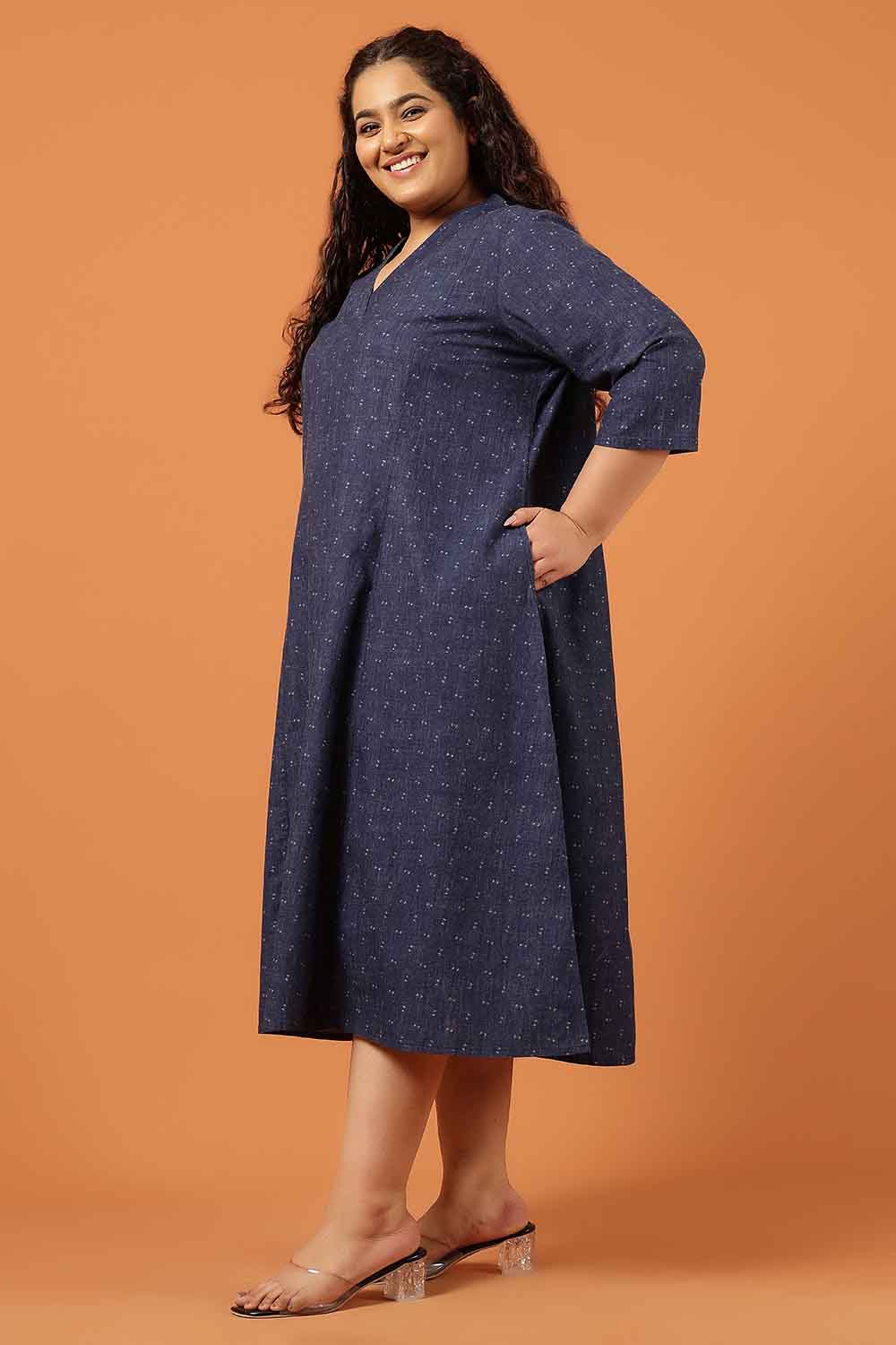 Comfortable Plus Size Navy Blue Jacquard Print Denim Midi Dress