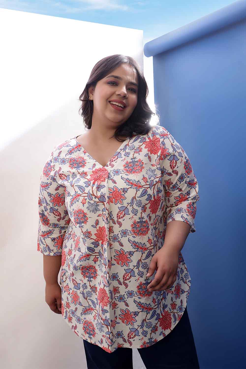 Plus Size Floral Printed V Neck Cotton Linen Top
