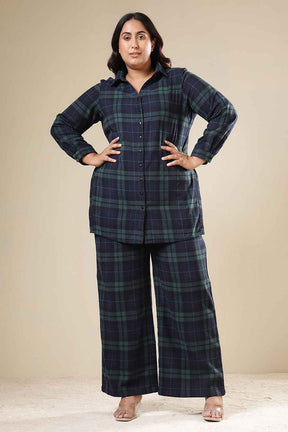 Plus Size Navy & Green Check Cotton Flannel Shirt Coord Set