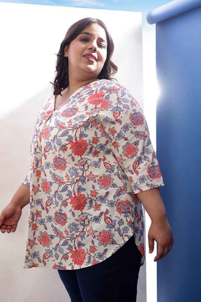 Plus Size Floral Printed V Neck Cotton Linen Top