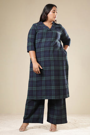 Plus Size Navy & Green Check Cotton Flannel Kurta Coord Set