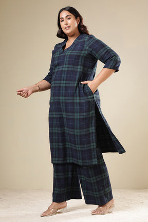 Plus Size Navy & Green Check Cotton Flannel Kurta Coord Set