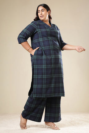 Plus Size Navy & Green Check Cotton Flannel Kurta Coord Set