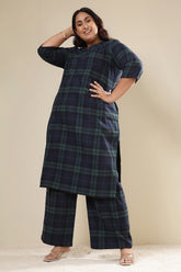 Plus Size Navy & Green Check Cotton Flannel Kurta Coord Set