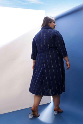 Plus Size Blue Weave Work Cotton Shirt Dress