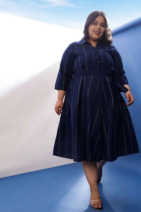 Plus Size Blue Weave Work Cotton Shirt Dress