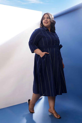 Plus Size Blue Weave Work Cotton Shirt Dress