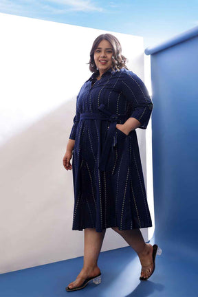 Plus Size Blue Weave Work Cotton Shirt Dress