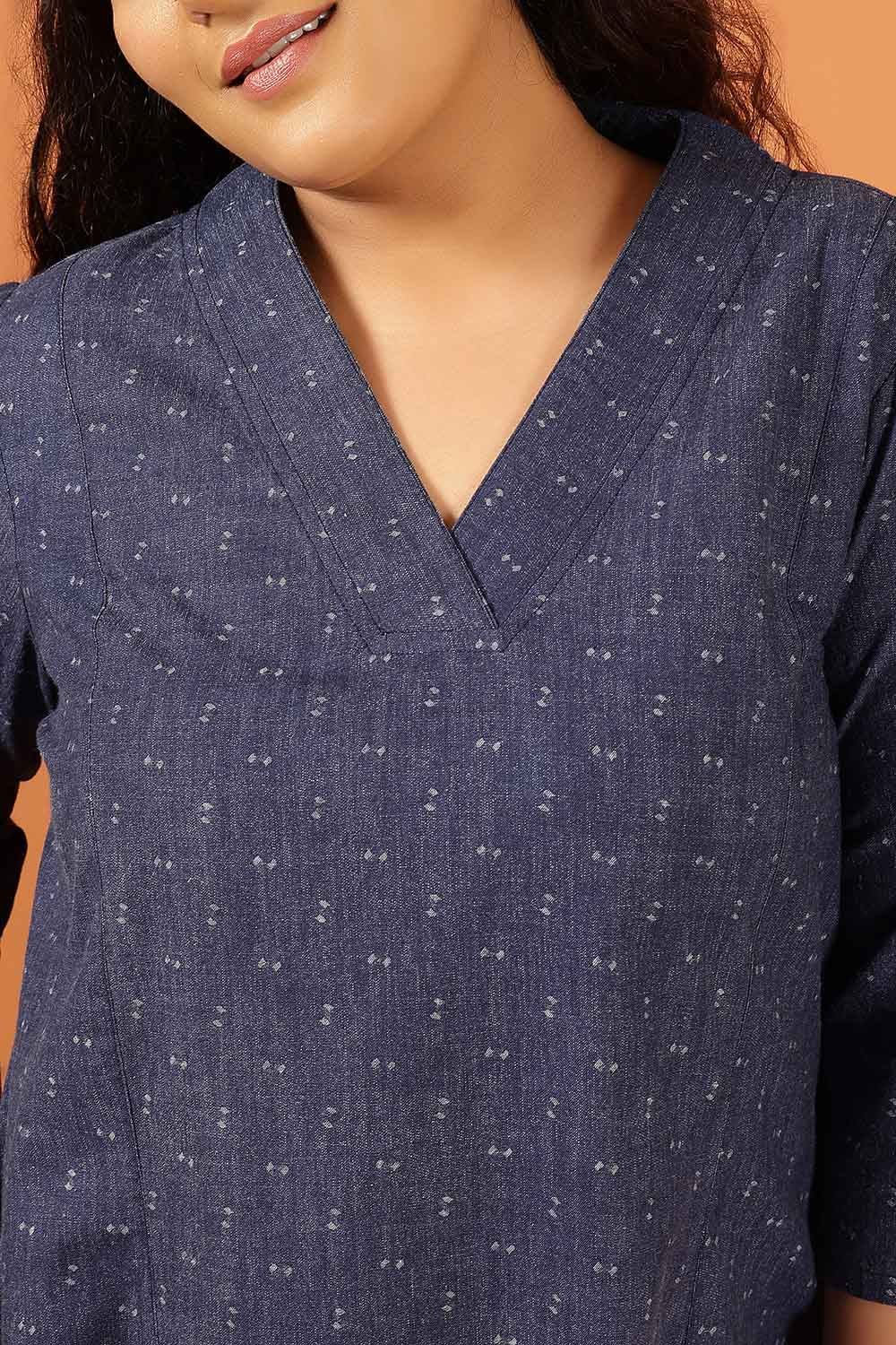 Plus Size Navy Blue Jacquard Print Denim Midi Dress