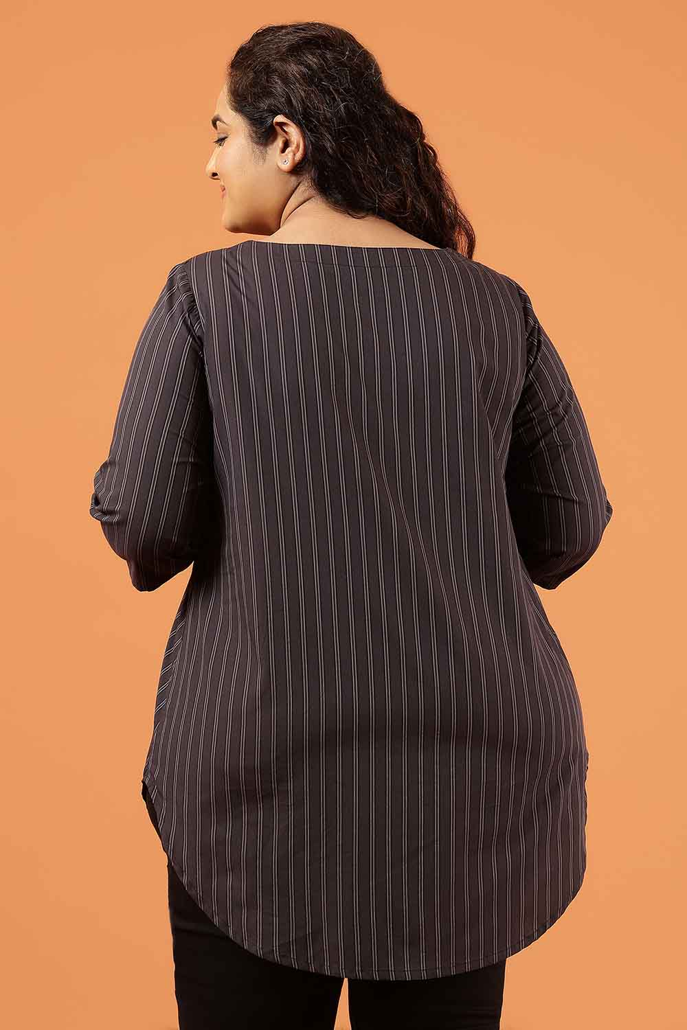 Plus Size Black Pinstripe Cotton V Neck Top
