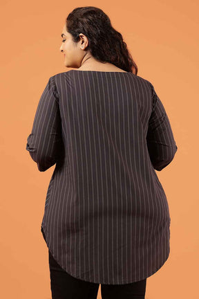 Plus Size Black Pinstripe Cotton V Neck Top