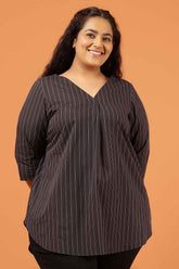 Plus Size Black Pinstripe Cotton V Neck Top
