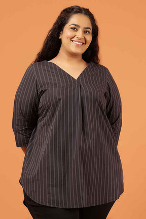 Plus Size Black Pinstripe Cotton V Neck Top