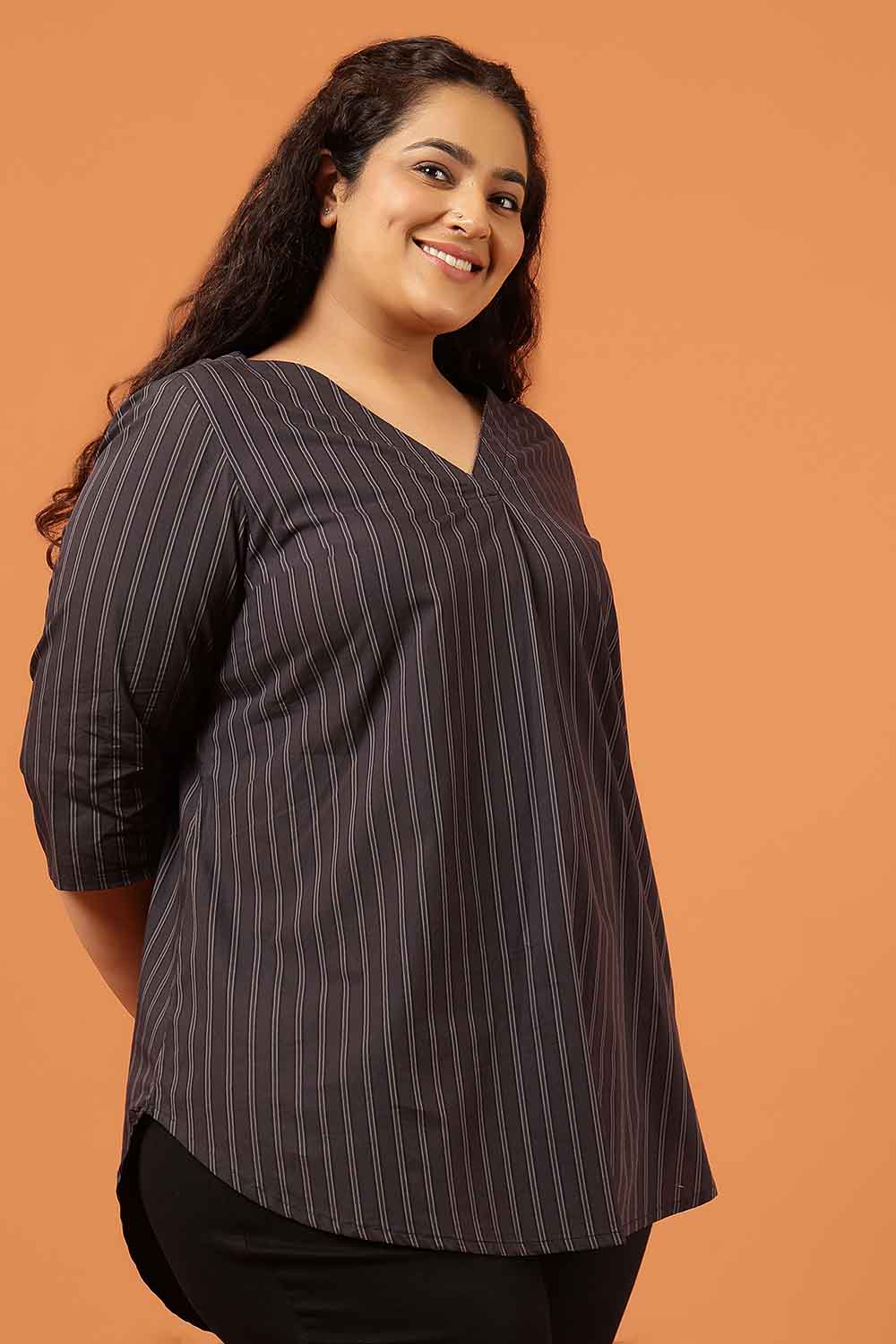 Plus Size Black Pinstripe Cotton V Neck Top for Women