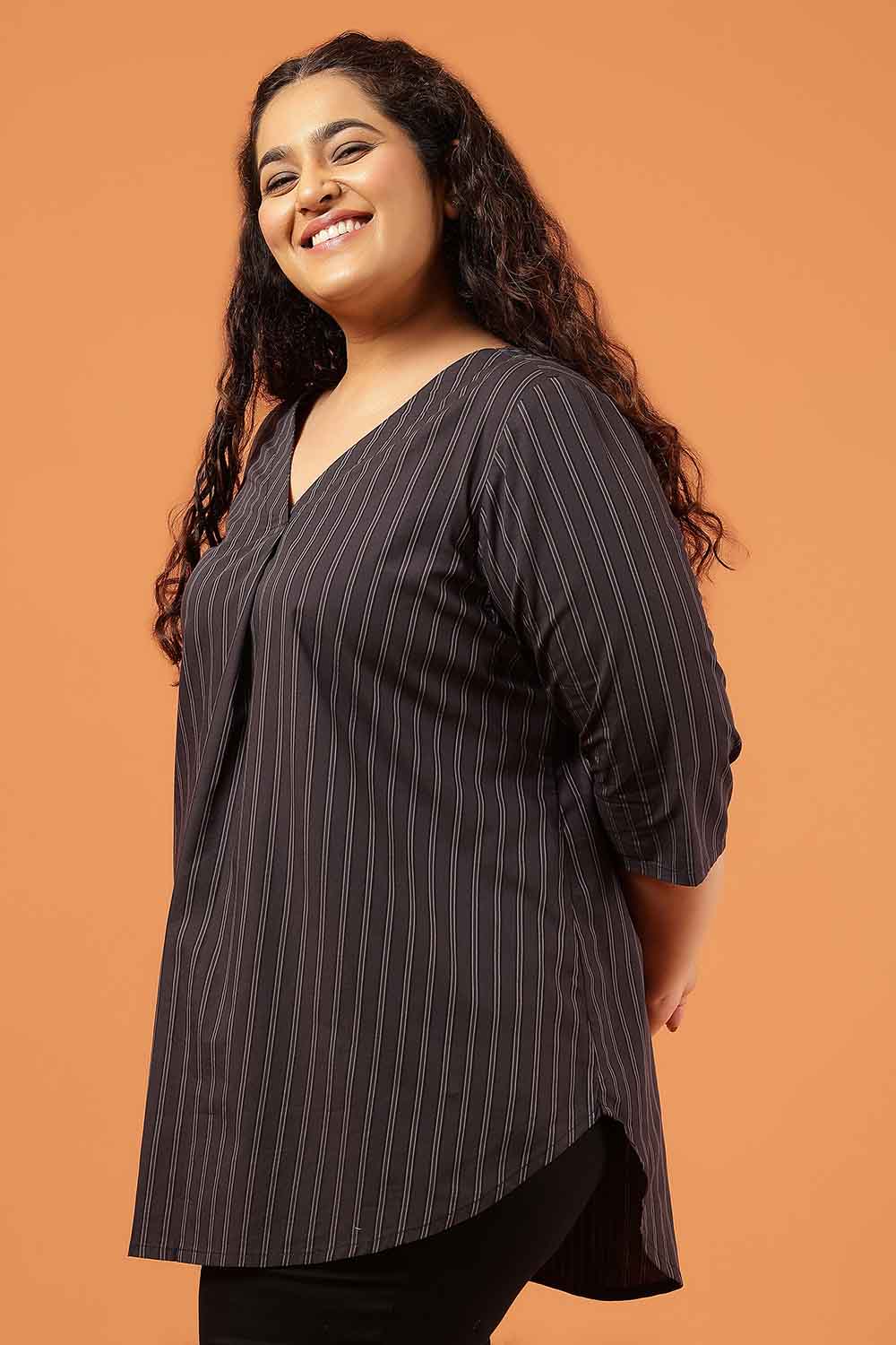 Comfortable Plus Size Black Pinstripe Cotton V Neck Top