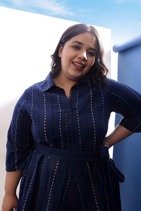 Plus Size Blue Weave Work Cotton Shirt Dress
