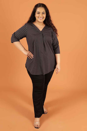 Plus Size Black Pinstripe Cotton V Neck Top