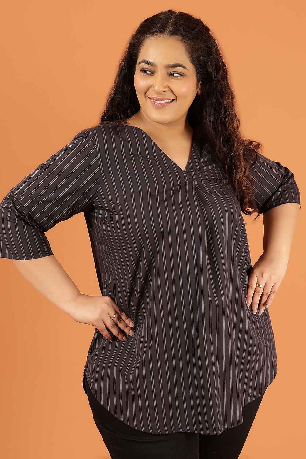 Plus Size Plus Size Black Pinstripe Cotton V Neck Top