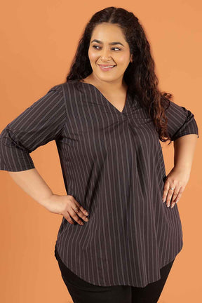 Plus Size Black Pinstripe Cotton V Neck Top