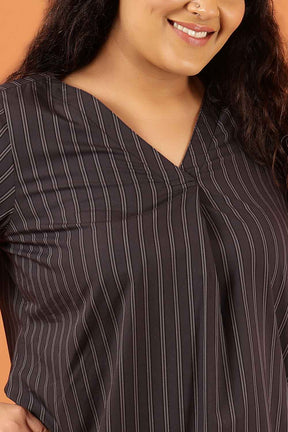 Plus Size Black Pinstripe Cotton V Neck Top