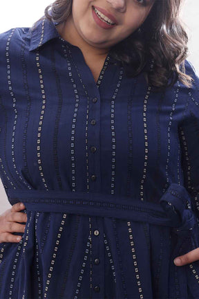 Plus Size Blue Weave Work Cotton Shirt Dress