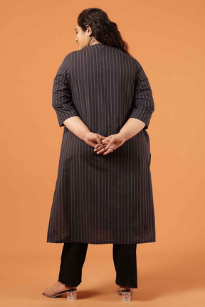 Plus Size Black Pinstripe Cotton V Neck Kurta