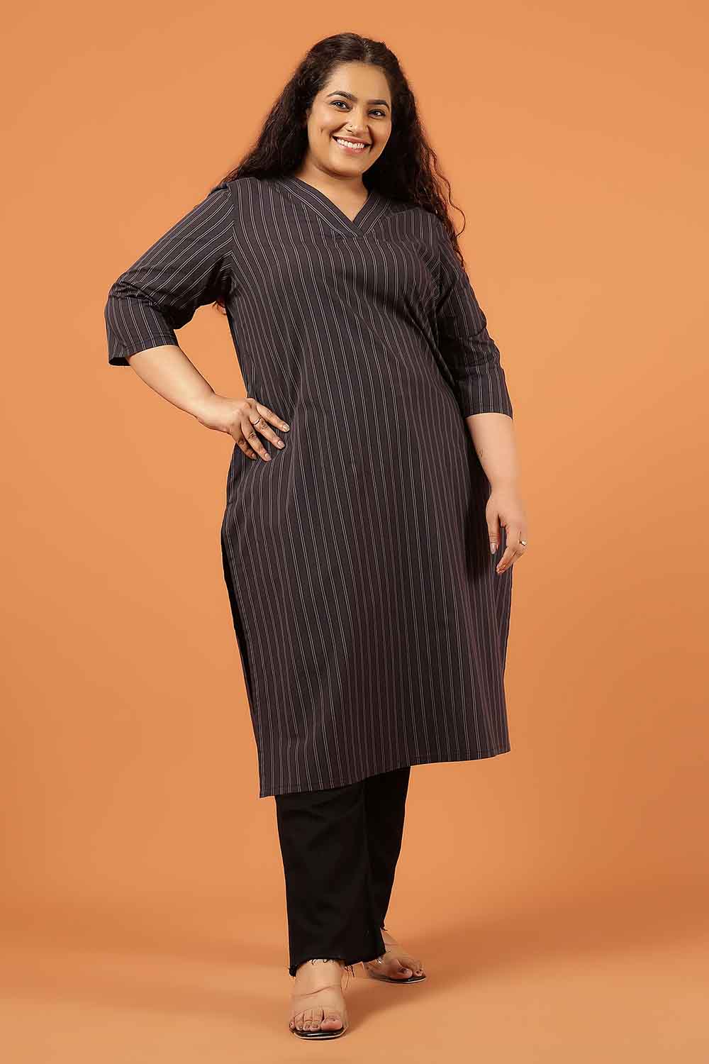 Plus Size Black Pinstripe Cotton V Neck Kurta