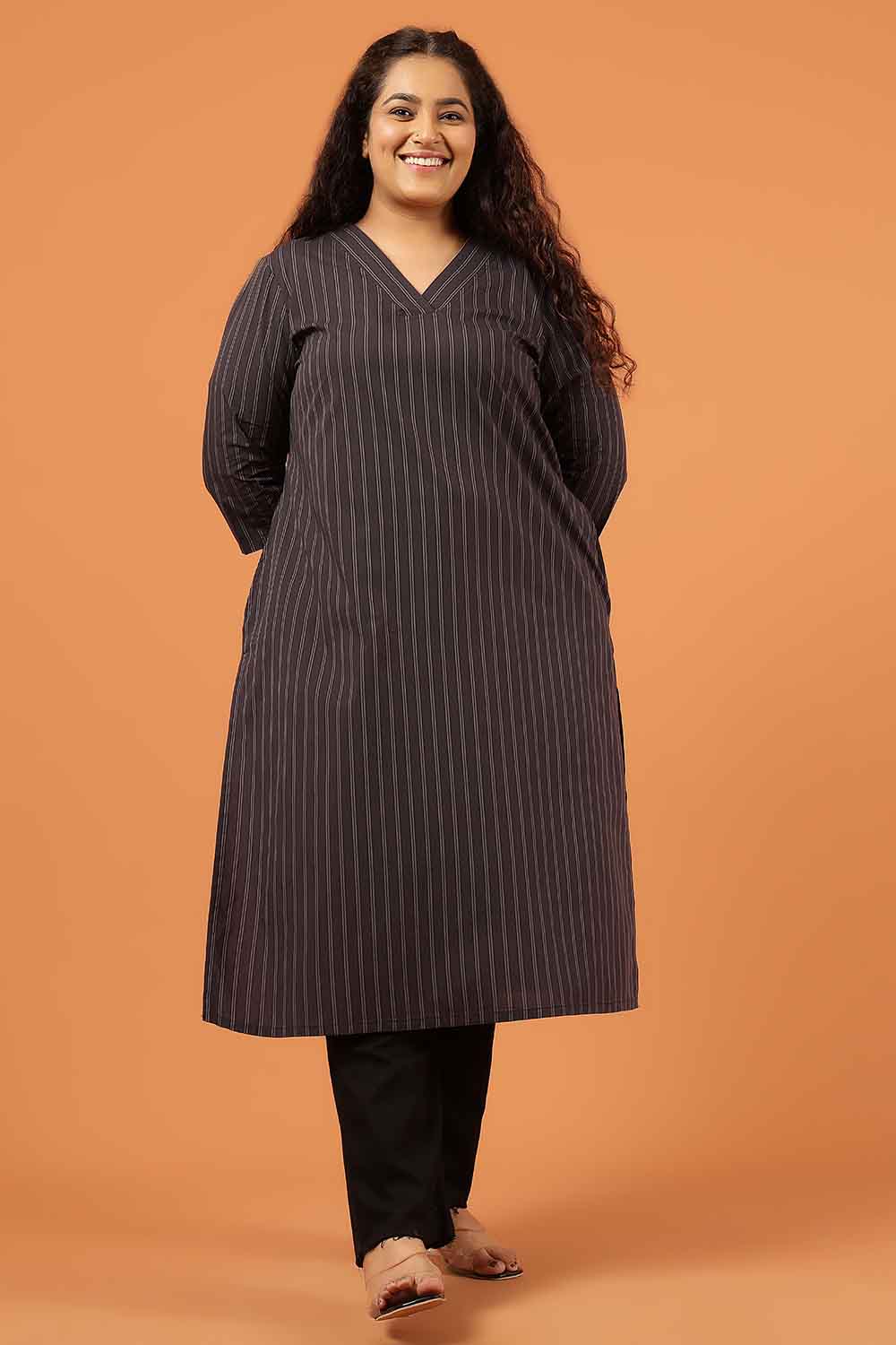 Plus Size Black Pinstripe Cotton V Neck Kurta for Women